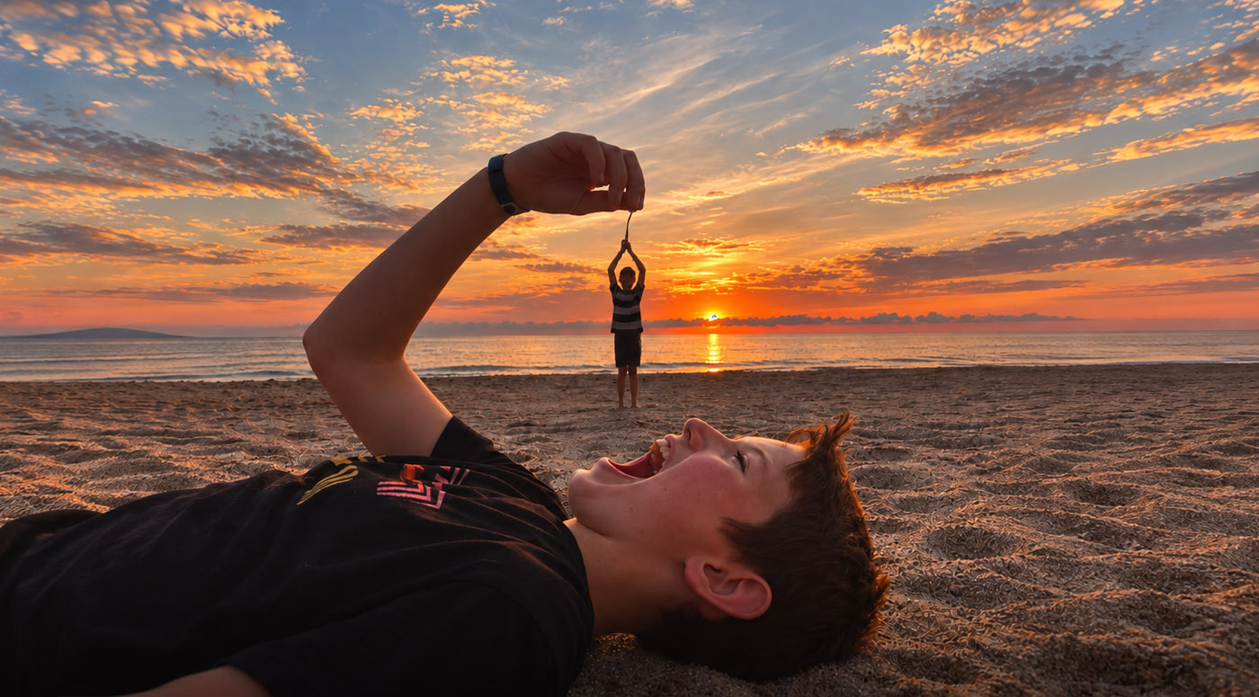Zwei Jugendliche knien im Sand, in den &bdquo;MERCI EFI&ldquo; geschrieben ist.